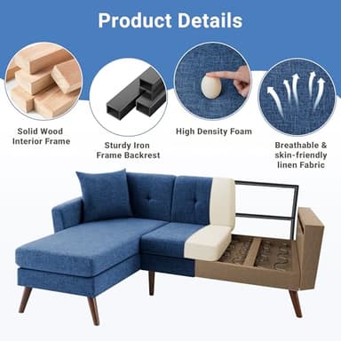 Tbfit L Shaped Couch Sofa, 80" W Mid-Century Modern Sectional Couches, 3 Seater Sofas with Wide Chaise Lounge & Two Pillows,Button Tufted Upholstered Sectional Sofa for Living Room, Bedroom, Blue - Image 4