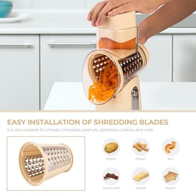 SUSTEAS Rotary Cheese Grater with Handle - Vegetable Shredder with 5 Well-designed Blades & Strong Suction Base,Round Mandoline Slicer & Food Chopper for Kitchen,with Blade Storage Box(Beige) - Image 5