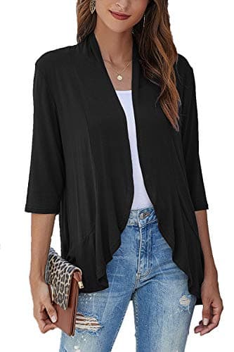 Bluetime Women Casual Lightweight Open Front Cardigans Soft Draped Ruffles 3/4 Sleeve Cardigan (XL, Black) - Image 1