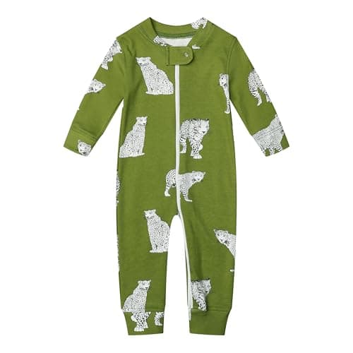 Owlivia Organic Cotton Baby Boy Girl Zip up Sleep N Play, Footless, Long Sleeve(3-6 Months, Green Cheetah) - Image 1