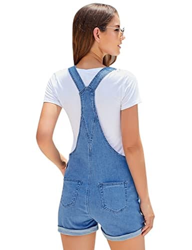 Vetinee Women's Medium Denim Blue Classic Adjustable Straps Cuffed Hem Denim Bib Overall Shorts X-Large - Image 7