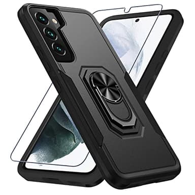 Compatible with Samsung Galaxy S22 Case with Screen Protector[Not for S22+],Heavy Duty Shockproof Full Body Phone Cover,Built in Finger Ring Stable Kickstand,2022 Black Matte - Image 1