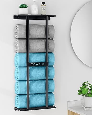 STWWO Bathroom Towel Storage Rack, Towel Racks for Bathroom Wall Mounted 30 inch with Shelf Can Holds 6 Large Towels, Wall Towel Rack for Rolled Towels, Black - Image 2