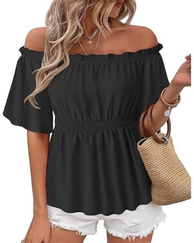 Bebonnie Off The Shoulder Tops: Blouses for Women Dressy Casual - Work Tops for Women Trendy - Ladies Trendy Cute Summer Spring Short Sleeve Polyester Blouse Flowy Peplum Tunics Black L - Image 1