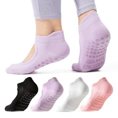 CoolMate Pilates Socks with Grips for Women, Yoga Socks, Crew Non Slip Women for Workout, Barre, Pilates Gifts (US, Numeric, 6, 10, Regular, Regular, 4 Pairs Open Top Pink/White/Light Purple/Black) - Image 1