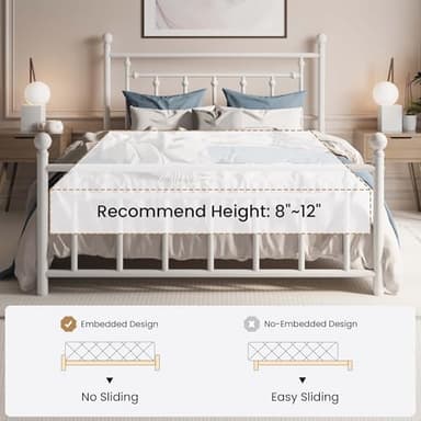 SHA CERLIN 14'' Queen Size Metal Platform Bed Frame/Victorian Headboard and Footboard/Steel Slats Mattress Foundation for Storage/No Box Spring Needed/Noise Free/White - Image 7