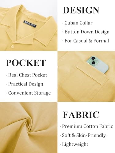 PJ PAUL JONES Cuban Shirts for Men Short Sleeve Button Down Untuckit Shirts for Summer Beach Camp Light Yellow S - Image 5