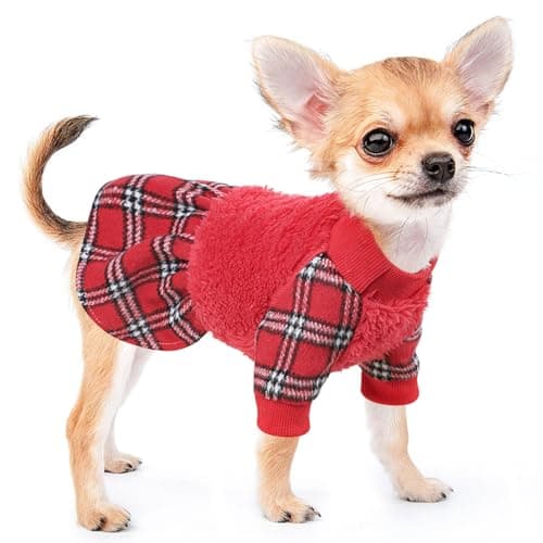 Dog Sweater Dresses for Small Dogs Girl Boy, Plaid Dog Clothes Outfit, Winter Warm Fleece Princess Plaid Dresses, Pet Festival Outfits Apparel Clothing, Small, Red, S - Image 1