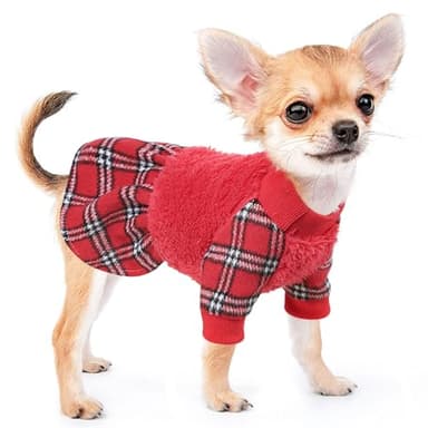 Dog Sweater Dresses for Small Dogs Girl Boy, Plaid Dog Clothes Outfit, Winter Warm Fleece Princess Plaid Dresses, Pet Festival Outfits Apparel Clothing, Small, Red, S - Image 1