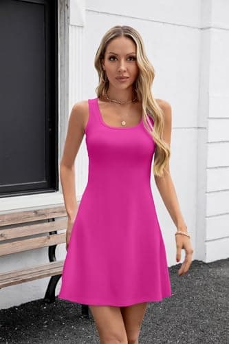 VICHYIE Womens Summer Ribbed Knit Square Neck Tank Dress A Line Flare Mini Mid-Thigh Sleeveless Ruffle Swing Sundress Hot Pink XL - Image 2