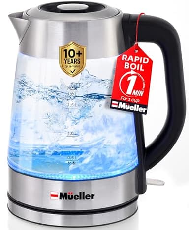 Mueller Rapid Boil Electric Kettle 1.8L – Borosilicate Glass & Stainless Steel – BPA-Free Tea Kettle, LED Light, Auto Shut-Off, Boil Dry Protection Water Heater – Fast Heating, Kitchen Appliances - Image 1