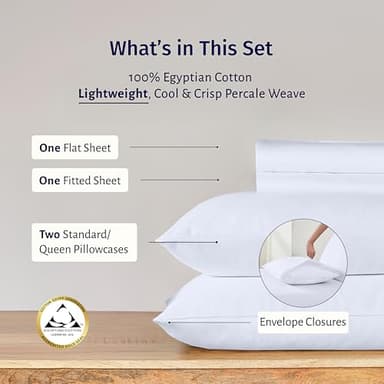 California Design Den Certified 100% Egyptian Cotton Sheets Queen Size Bed Set - Lightweight & Crisp Percale Queen Sheet Set Deep Pocket, Cool & Durable Luxury Bedding - White - Image 3