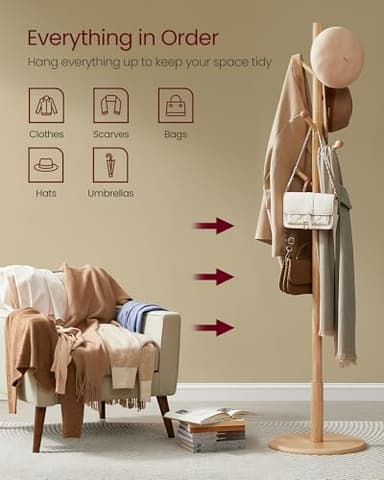 VASAGLE Solid Wood Coat Rack, Free Standing Hall Coat Tree with 7 Hooks, 3 Height Options, for Coats, Hats, Bags, Purses, for Entryway, Hallway, Rubberwood Hooks and Pole, Natural Beige URCR007N01 - Image 3