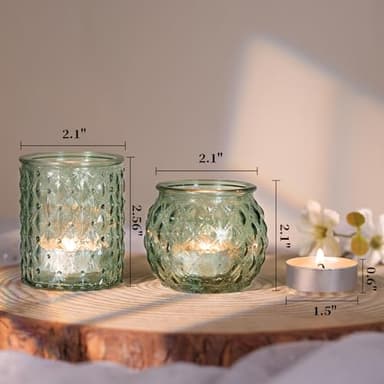 DARJEN 12Pcs Green Votive Candle Holders with 12Pcs Tea Lights Candles- Round Glass Candle Holders Bulk for Table Centerpiece, Tea Lights Candle Holders for Wedding Home Party & Gift - Image 3