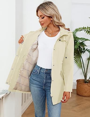 LOMON Women Rain Jacket Lightweight Hooded Jackets Women Lined Trench Coats Waterproof Outdoor Hiking Raincoat Beige M (Big Plaid Lining) - Image 5