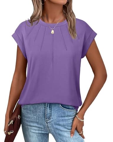 Vivilli Trendy Tops for Women 2025 Summer Cotton Cap Sleeve Tshirts Womens Short Sleeve Tops Pleated Crew Neck T Shirts for Women Dressy Casual Spring Work Blouses Purple XXL - Image 3