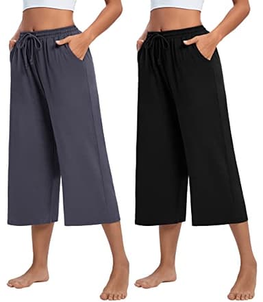 ASIMOON Womens Capri Pants Wide Leg Lounge Pants Loose Comfy Drawstring Lounge Pajama Yoga Capris with Pockets for Women - Image 2