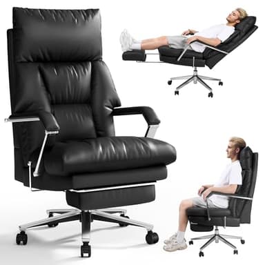 OKUP Reclining Office Chair with Footrest - 25.6" Wide Seat & Adjustable Seat Depth, Big and Tall High Back Leather Executive Home Office Desk Chair 400lbs, Black - Image 1