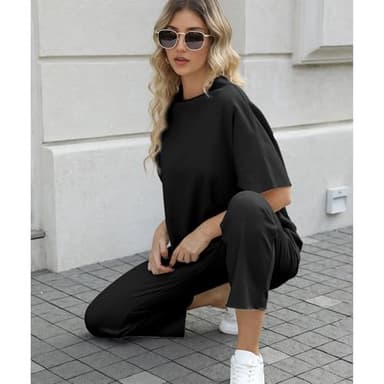 SeeLuNa Women's Two Piece Outfits 3/4 Batwing Sleeve Capelet Crew Neck Pullover Top Wide Leg Pants Lounge Set(Black,XL) - Image 7