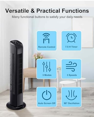 Uthfy Oscillating Tower Fan with Remote, Electric Standing Floor Fan for Bedroom Indoor Office and Home Use,Quiet Cooling Portable Bladeless Tower Fans, 30 inchs, Black - Image 4