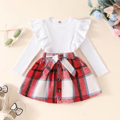 AMAWMW Toddler Baby Girl Christmas Clothes Long Sleeve Ruffle Shirt Buffalo Plaid Skirt Infant Girl Fall Winter A-line Dress - Image 2