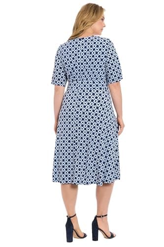 London Times Women's Dresses Inset Waist Midi Dress Career Office Occasion Guest of, Hexagon Geo - Navy/Blue, 4 - Image 3