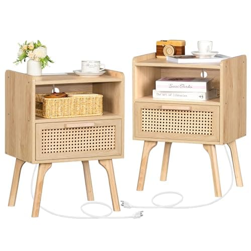 Lerliuo Rattan Nightstands Set of 2 with Charging Station, Boho Side Table with Drawer Open Shelf, Cane Accent Bedside End Table with Solid Wood Legs for Bedroom, Dorm and Small Spaces (Natural) - Image 1