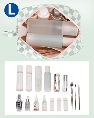 Narwey Checkered Makeup Bag Travel Cosmetic Bag Organizer Small Toiletry Bag Make Up Bags with Comparments for Women and Girls, Gift for Teen Girls (Mint Green Checkerboard, Large) - Image 2