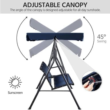 Yaheetech Outdoor Porch Swing Chair for Adults, 3-Seat Patio Sunset Hanging Swing w/Texteline Fabric & Adjustable Canopy & Armrests, Canopy Lounge Chair for Backyard/Garden/Balcony, Blue - Image 4