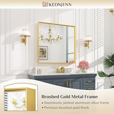 Keonjinn Brushed Gold Bathroom Mirror 36 x 36 Inch Gold Wall Square Mirror Metal Framed Rectangular Mirror for Bathroom Aluminum Alloy Frame Gold Vanity Mirror for Over Sink(Horizontal/Vertical) - Image 6