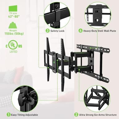 USX MOUNT UL Listed TV Wall Mount for 42"-85" TVS, Fits 16" 18" or 24" Studs, Full Motion Wall Mount Swivel Tilt Extension TV Bracket with Dual Articulating Arms, Max VESA 600x400mm, Load 110lbs - Image 3