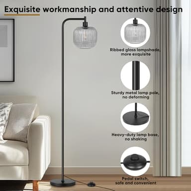 QiMH Glass Floor Lamp for Living Room, Modern Standing Lamp with Ribbed Grey Glass Lampshade Pedal Switch, 67” Tall Lamp for Bedroom Study Room, Black (2700K LED Bulb Included) - Image 5