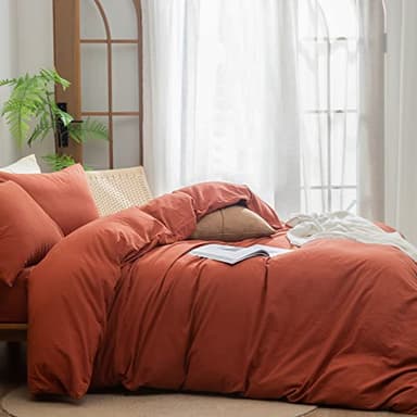 BESTOUCH Duvet Cover Set 100% Washed Cotton Linen Feel Super Soft Comfortable Chic Lightweight 2 PCs Home Bedding Set Solid Burnt Brick Red Twin/Twin XL - Image 3