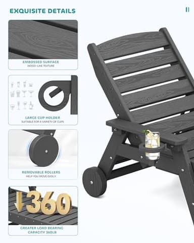SERWALL Patio Chaise Lounge Chair Set of 8, 5 Positions Adjustable Outdoor Lounge Chair for Pool, Plastic Lounge Chair with Rolling Wheels & Cup Holder for Poolside, Deck, Slate Gray - Image 4