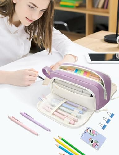 SUNEE Cute Pencil Case, Aesthetic Pen Pouch with 3 Compartments, Kawaii Colored Large Pencil Bag with Zipper, Stationery Storage and Organizer, Purple School Supplies for Teen and Adult Girls - Image 7