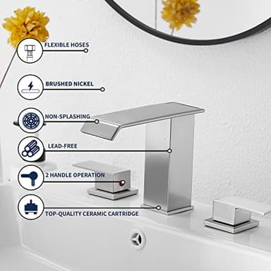 Bathroom Faucet Brushed Nickel Widespread GGStudy 3 Holes 2 Handle Waterfall Modern Bathroom Sink Faucet with Pop Up Drain - Image 4