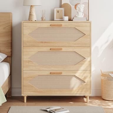 GAOMON 3 Drawer Rattan Dresser for Bedroom, Rattan Modern Dresser Wood Chest of Drawers, Wooden Storage Cabinets for Bedrooms, Hallways, Living Rooms, and Entryways, Easy Assemble, Natural - Image 3