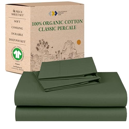 California Design Den Queen Sheets Set - Soft 100% Organic Sheets with Deep Pockets, Crisp Percale, Breathable and Durable Bedding Set - Olive Green - Image 1