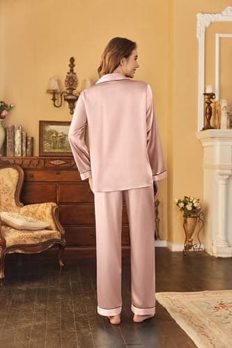 Ekouaer Women's Classic Button Down Long Satin Silk Pajama Set,Large,Pink - Image 4