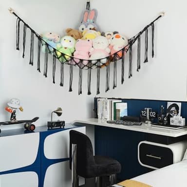 Stuffed Animal Hammock Corner, Hand-knitted Large Plushie Net Toy Hammock with Wooden Rings | Boho Cute Stuff Animal Storage for Nursery & Bedroom | Mesh Kids Toy Organizer Holder Nursery Room Decor - Image 5