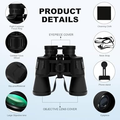 Upcheirna 20x50 High Power Binoculars with Focus Adjustment &Lens Protection for Long-Distance Viewing, Low Light Night Vision, Lightweight & Portable HD for Adults, Bird Watching,Hunting (Black) - Image 4