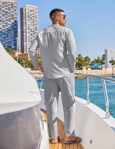 COOFANDY Men's 2 Piece Cotton Linen Sets Casual Long Sleeve Henley Shirts Yoga Pants Set Beach Cuban Outfits - Image 4