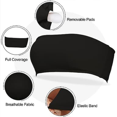 Boudaner Women’s Padded Bandeau Sports Tube Top Bra Strapless Wireless Solid Seamless Yoga Workout Bralette Black - Image 3