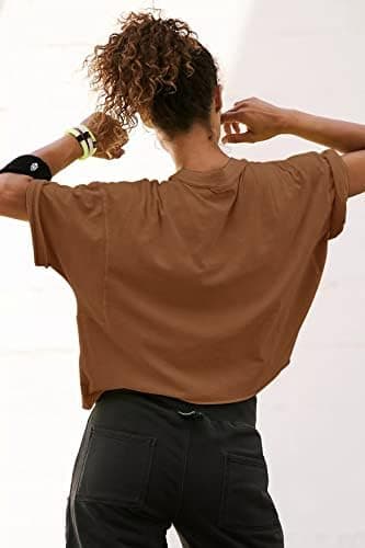 Women's Oversize Workout Crop Tops Casual Short Sleeve Drop Shoulder Boxy T-Shirts Roll Hem Basic Loose Yoga Running Tees - Image 4