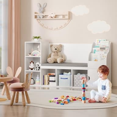 MU Kids Bookshelf with Reading Nook, Toddler Bookcase Bench with Seat Cushion and 7 Storage Cubbies, Kids Reading Nook for Boys & Girls, Toy Storage Bench Box for Bedroom, Playroom, Nursery, White - Image 7