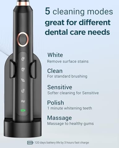 Rtauys M5 Sonic Electric Toothbrush for Adults and Kids - Rechargeable Electric Toothbrush Kids Ages 12+ and Adults with 8 Brush Heads & Travel Case, 120 Days Battery Life - Black - Image 5