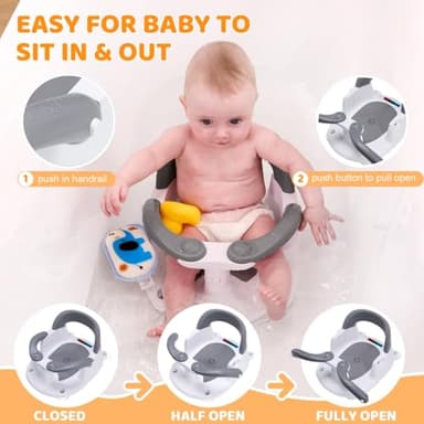 LDIIDII Baby Bath Seat for Babies 6 Months & Up Sitting Up,Infant Bath Seat with Temperature Alert+Open Backrest+on/Off Armrest,Toddler Bath seat Baby Bath Chair for Bathtub,Tub,Sink (Light Gray) - Image 3