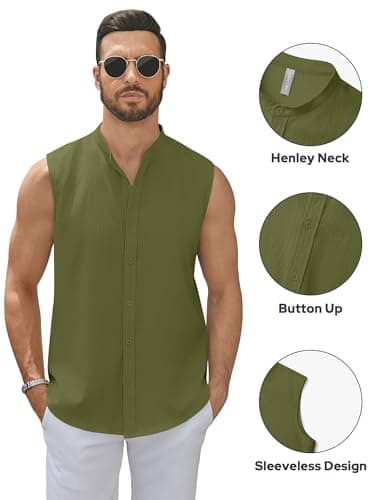 hawalili Men's Button Down Sleeveless Shirts Summer Beach Tank Tops Casual Textured Tank T-Shirt Army Green - Image 5