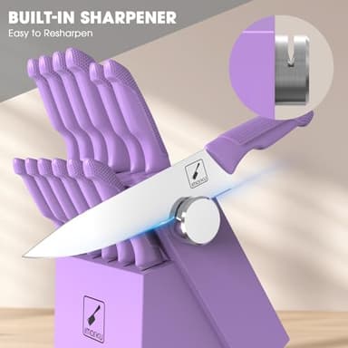 imarku Kitchen Knife Set, Sharp Knives Set with Built-in Sharpener, Stainless Steel Block Knife Set and Non-Slip Ergonomic Handle, Dishwasher Safe, 14 PCS Professional Knife Set for Gift, Lavender - Image 2