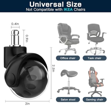 Office Chair Replacement Wheel - Quiet & Smooth Gliding - 2 Inch Heavy Duty Rolling Chair Casters Supports 2000 Lbs,Desk Chair Wheels Universal Fit,Safe for All Floor Or Carpet Set of (Premium Black) - Image 2